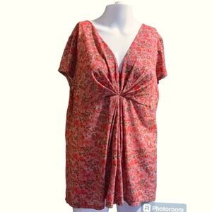 New York & Company Women's Size XL Blouse Pink Floral V Neck Front Twist Top
